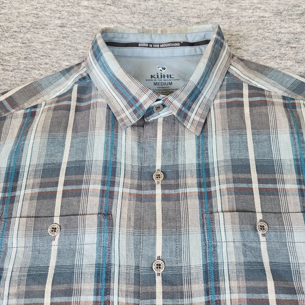 Kuhl Short Sleeve Blue Plaid Shirt Linen Blend Men's M Polyester Outdoor EUC